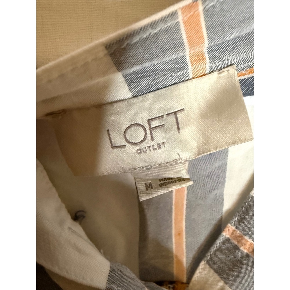 Loft Outlet Women Medium Plaid Split Neck Blouse Navy Orange White 3/4 Sleeve - Picture 3 of 4